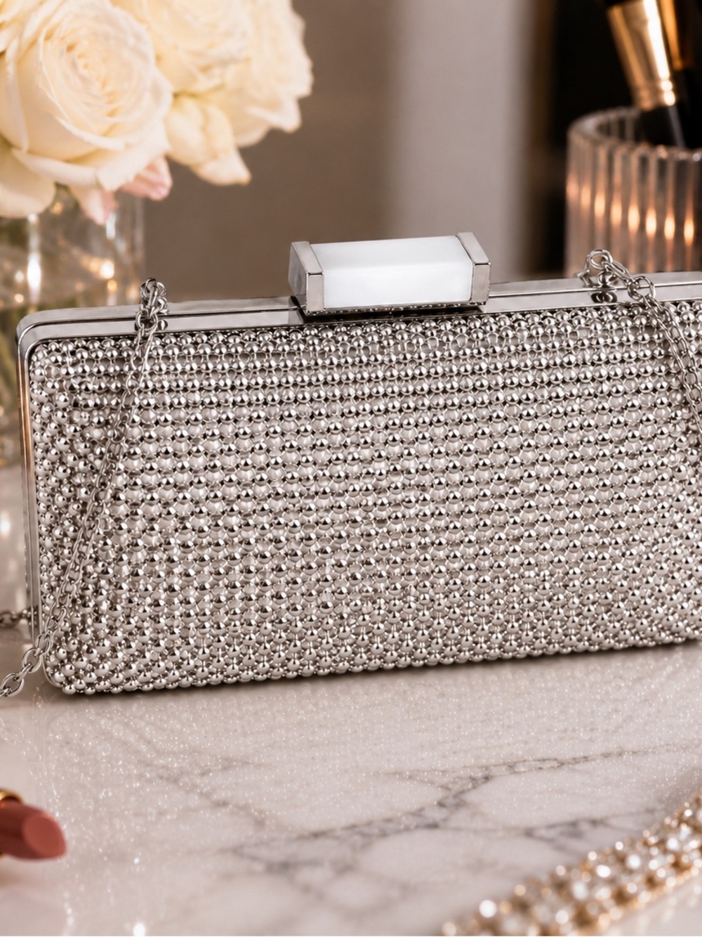 Jessica McClintock Silver Metal Mesh Evening Clutch Chain Bag NWT